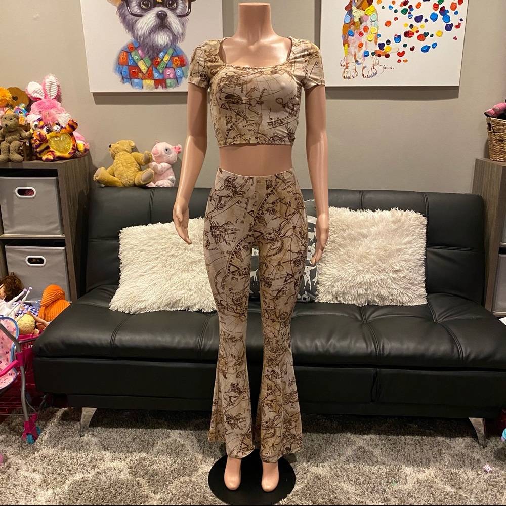 Two piece taupe zodiac celestial flare pant set co ord matching two piece set